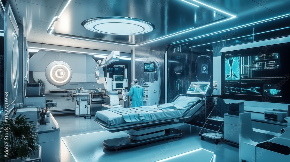 A futuristic medical facility with advanced technology and a surgical bed. A futuristic medical facility with advanced technology and a surgical bed.