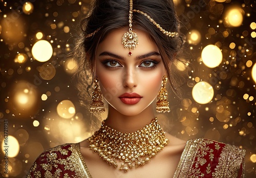 A stunning Indian woman adorned in golden jewelry and ornaments, including earrings, poses against an elegant background of shimmering metallic tones