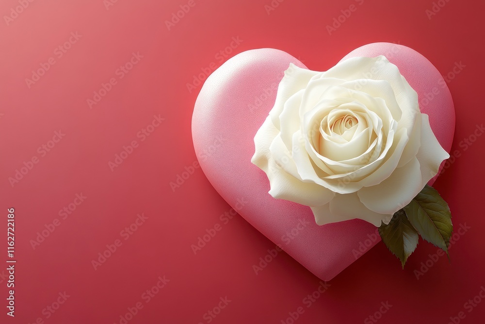 Fototapeta premium Romantic White Rose on Pink Heart-Shaped Frame Ideal for Valentine's Day Celebrations and Love-themed Events with Bold Colors and Elegant Composition