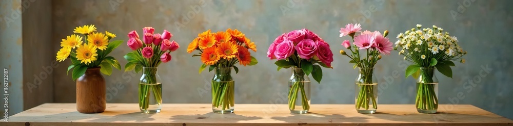 Fototapeta premium Fresh flowers in a wooden vase on a natural wooden table, table, arrangement