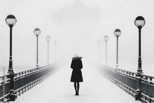 A solitary figure walking through a dense fog, their silhouette barely visible in the whiteness