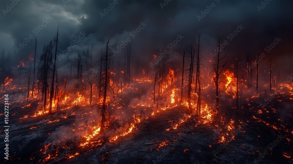 Wildfire burning through forest at night creating a dramatic scene Wildfire burning through forest at night creating a dramatic scene