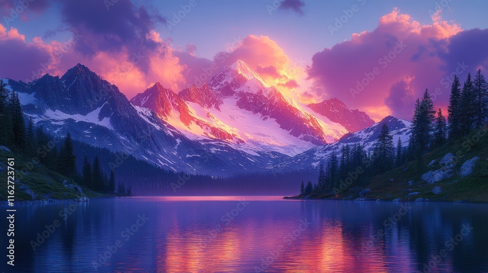 Fototapeta premium Vibrant sunset illuminating snow-capped mountains reflected in a serene lake.