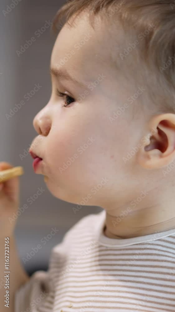 Cute Caucasian toddler eating the cookie sitting at high table. Baby chewing carefully looking aside. Close up. Vertical video Cute Caucasian toddler eating the cookie sitting at high table. Baby chewing carefully looking aside. Close up. Vertical video