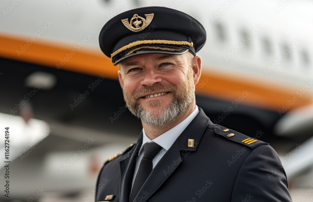A handsome, smiling pilot stands in front of an airplane on the runway, with his hands behind him and wearing a white shirt uniform and navy blue cap A handsome, smiling pilot stands in front of an airplane on the runway, with his hands behind him and wearing a white shirt uniform and navy blue cap