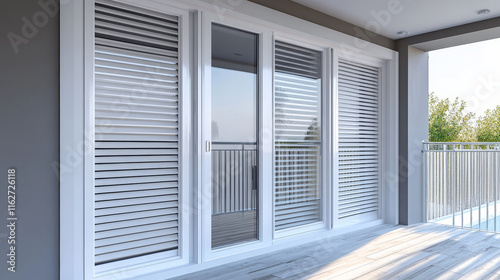 Plastic window and door with roller shutter isolated vector mockup. Realistic white windows and doors with metal rolling blinds, glass panels and PVC frame profiles, 3d design of architecture elements photo