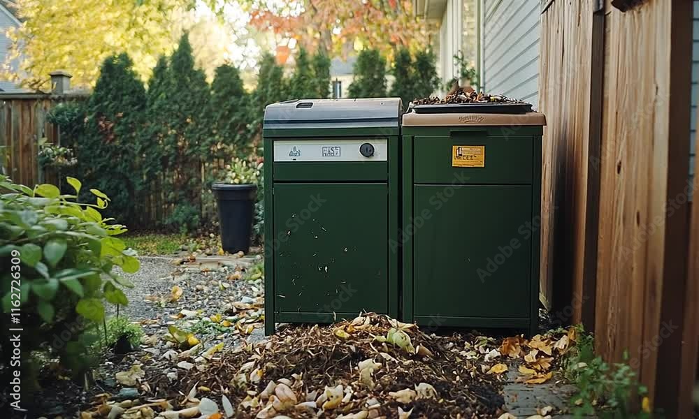 A garden area featuring green compost bins surrounded by fallen leaves and plants. A garden area featuring green compost bins surrounded by fallen leaves and plants.
