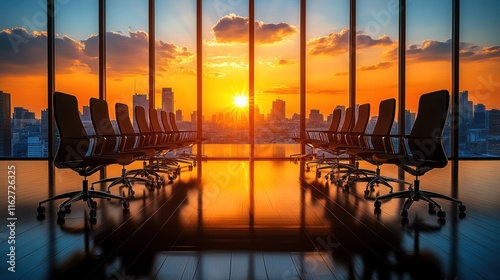 Empty conference room at sunset overlooking cityscape. photo