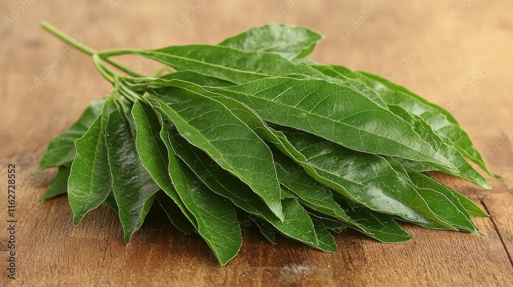 Fresh green leaves bunch on wooden surface. Fresh green leaves bunch on wooden surface.
