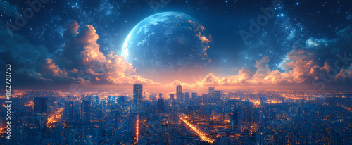 A city skyline is lit up at night with a large glowing moon in the sky. The city is surrounded by a cloudy sky, giving the scene a dreamy and peaceful atmosphere