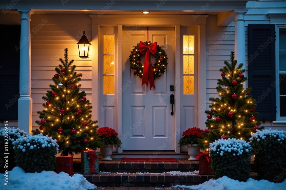 Fototapeta premium Sparkling Christmas decor on a classic white front door, lights, countryhouse, festive