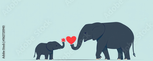 Elephant in love in Valentine theme. Baby elephant offering a heart-shaped flower to a larger elephant, tender moment, flat design illustration