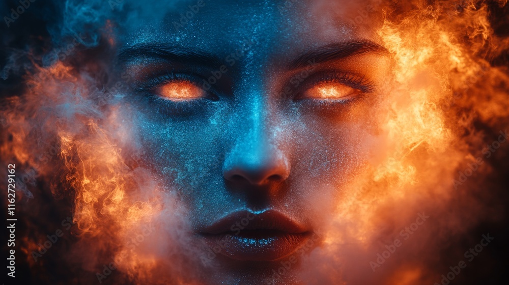 Fiery fantasy portrait of a glowing face with flames Fiery fantasy portrait of a glowing face with flames