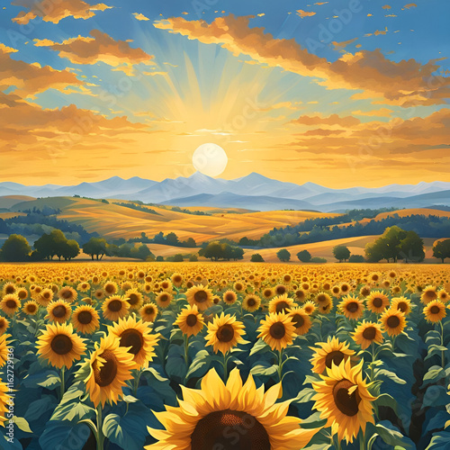 Sunflower patch blooming under a brilliant blue sky, with tall mountains and distant hills creating a perfect view
