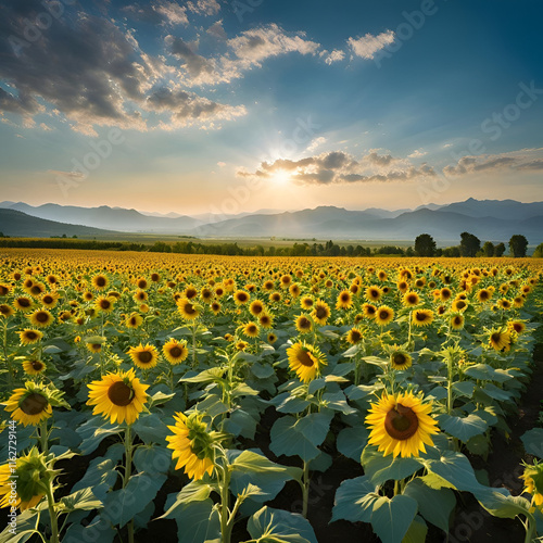 Sunflower patch blooming under a brilliant blue sky, with tall mountains and distant hills creating a perfect view