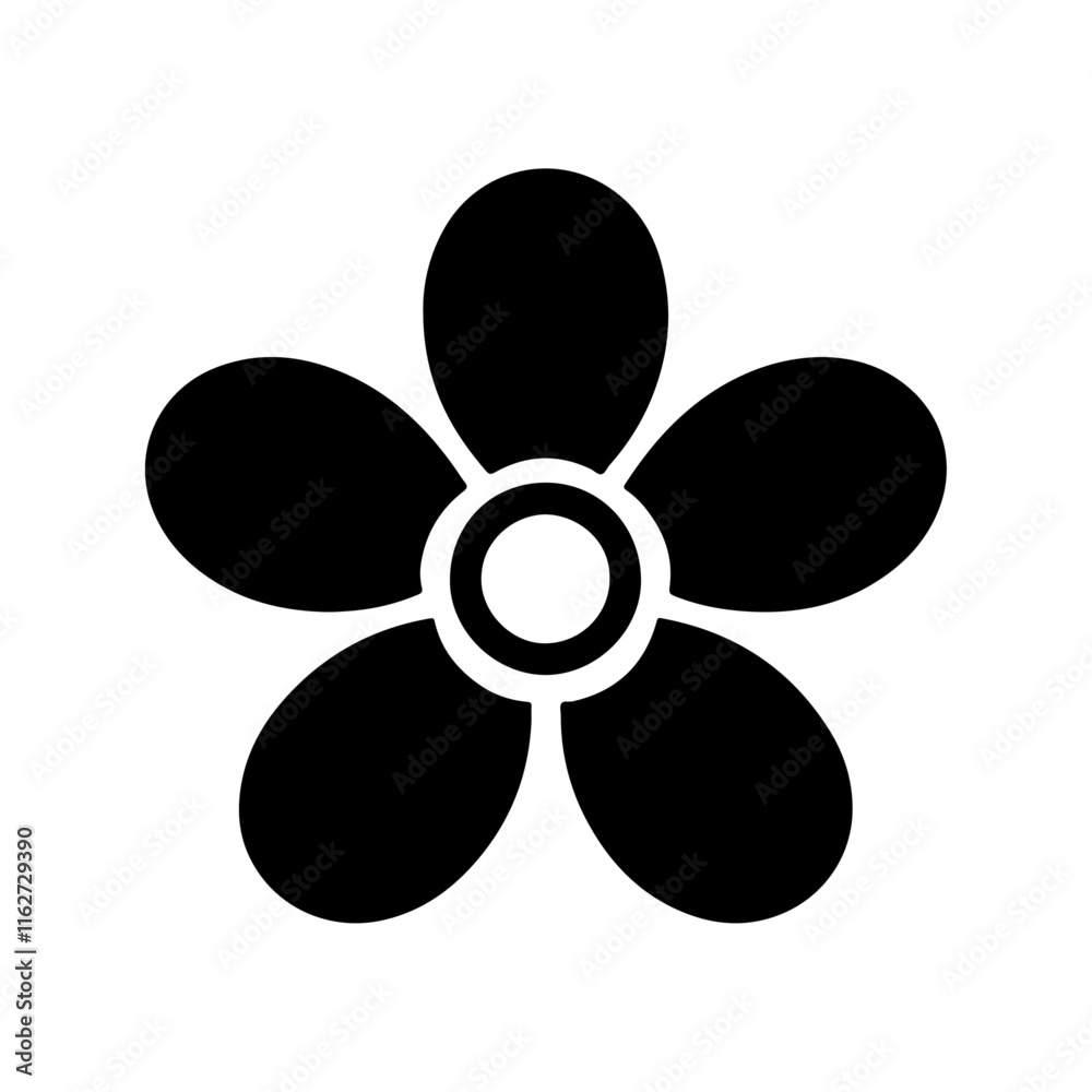 A minimalistic black flower design with five rounded petals and a circular hollow center A minimalistic black flower design with five rounded petals and a circular hollow center