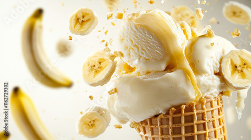 Banana soft ice cream cone with splash, vector realistic ad with fruit flavor splashing. Banana ice cream or gelato in wafer cone with banana pieces flow wave and drops splatter, iecream advertising photo