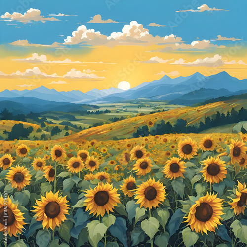 Sunflower patch blooming under a brilliant blue sky, with tall mountains and distant hills creating a perfect view