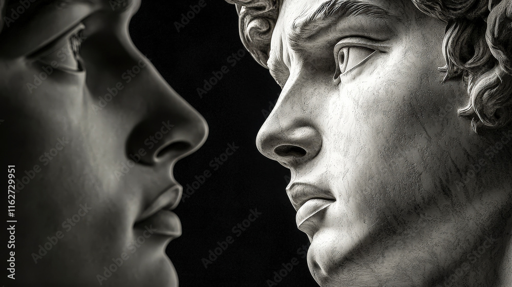 Two intricate sculpted faces are portrayed in a close-up view, capturing intense emotions and features. The contrasting lighting enhances their expressions against a dark background Two intricate sculpted faces are portrayed in a close-up view, capturing intense emotions and features. The contrasting lighting enhances their expressions against a dark background