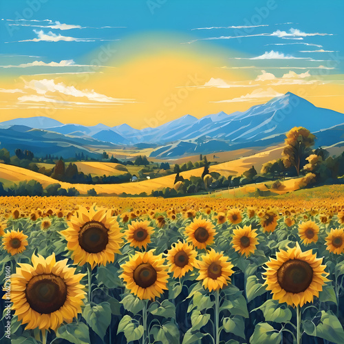 Sunflower patch blooming under a brilliant blue sky, with tall mountains and distant hills creating a perfect view