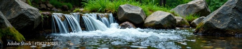Water cascading down small waterfall in mountain river, serene, peaceful