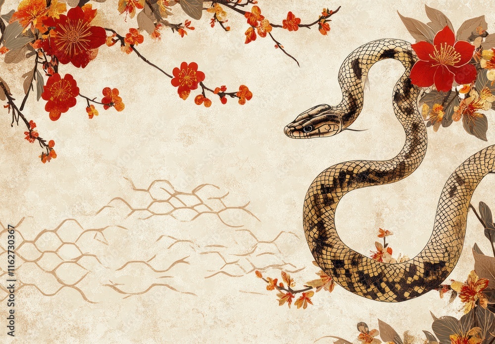 Obraz premium Serpentine Elegance: A Vintage-Inspired Snake and Blossom Artwork