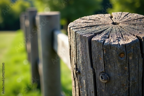 Weathered wooden fence post with deep scratches and scuffs, wooden, aged, distressed photo