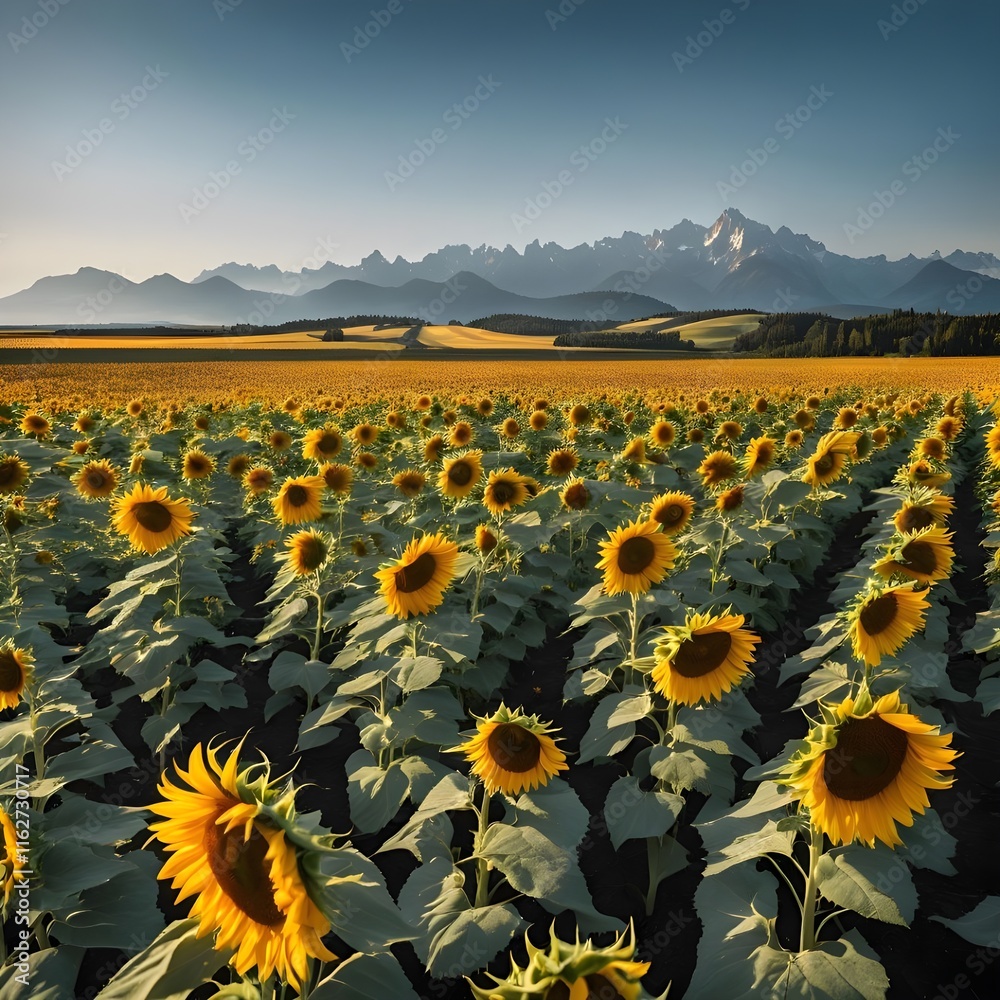 Obraz premium Sunflower patch blooming under a brilliant blue sky, with tall mountains and distant hills creating a perfect view