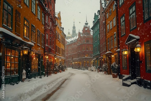 Photorealistic Winter Streetscape with Colorful Buildings Surrounded by Snowfall, Capturing the Essence of a Cozy Holiday Atmosphere in a European Town