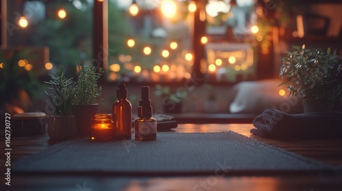 Essential oils and candles on a table, warm evening ambiance. photo