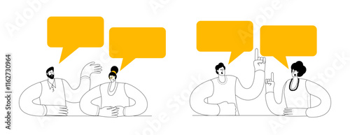 Characters discussing something. People having a dialogue. Vector illustration on the theme of dialogue art. Simple cartoon style.