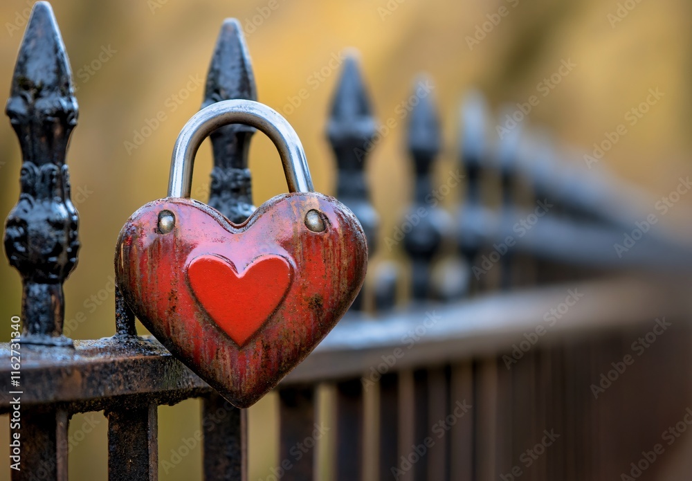 Romantic Heart Padlock on Metal Fence, Love Symbol, Valentine's Day Romantic Heart Padlock on Metal Fence, Love Symbol, Valentine's Day
