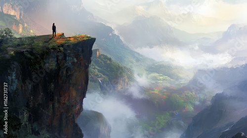 A lone trekker standing at a cliff edge, overlooking a valley covered in mist