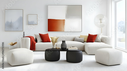 Modern minimalist living room with neutral hues, modular seating and bold accent decor creating a clean and sophisticated look