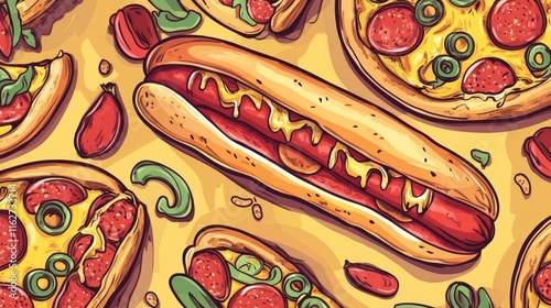 Hand draw hot dog, pizza. colorful pattern background. Fast food seamless vector pattern. 2D styele. photo