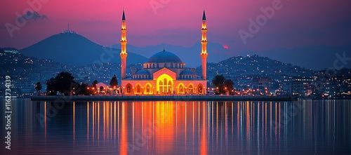 Illuminated mosque on tranquil waterfront at sunset, reflecting in calm water, surrounded by city lights and mountains. photo