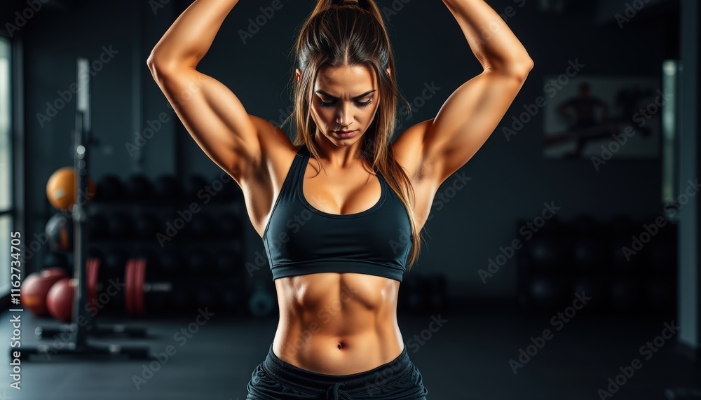 In a stylish gym, a determined woman showcases her strength while exercising with weights under natural lighting. Her focus and dedication highlight the essence of fitness In a stylish gym, a determined woman showcases her strength while exercising with weights under natural lighting. Her focus and dedication highlight the essence of fitness