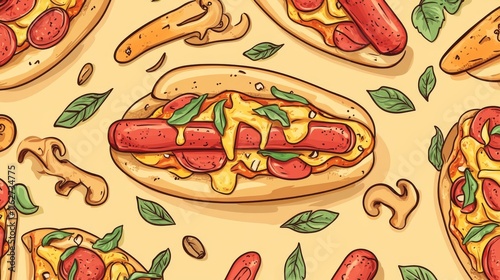 Hand draw hot dog, pizza. colorful pattern background. Fast food seamless vector pattern. 2D styele. photo