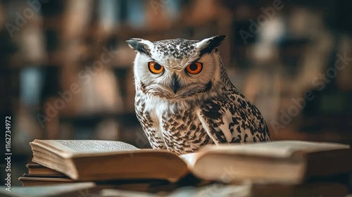 Wallpaper Mural Focused owl perched on open books in a library setting. Torontodigital.ca