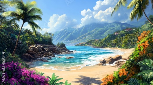 Serene Beachscape with Gentle Waves and Lush Greens