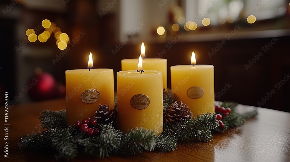 Four burning candles arranged in a Christmas wreath on a wooden table. Four burning candles arranged in a Christmas wreath on a wooden table.