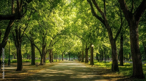 Sunlit Park Path, Green Trees, Summer Stroll, Peaceful Serenity