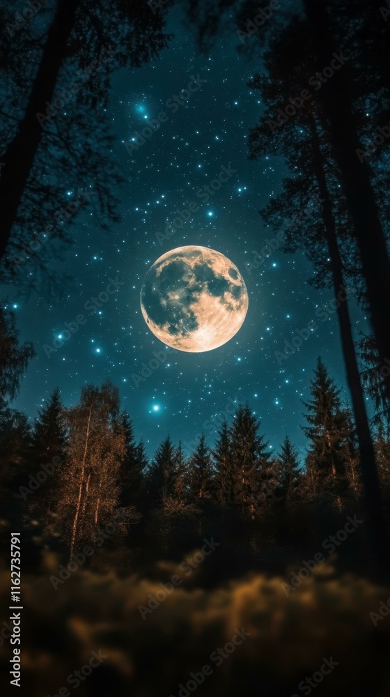 Fototapeta premium Celestial Glow. Space id Forest bathing Cosmos Crypto Esg fintech Sound bath Amazon Simple Notification Service Moonpay Lumen5 Solana Munch ai Full moon shining bright over pine night sky