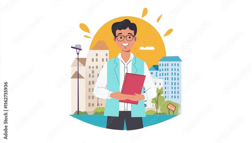 A real estate agent in front of buildings, a flat vector illustration with a white background. No text or letters on the picture, a simple design with a few colors, a professional and elegant style.
A real estate agent in front of buildings, a flat vector illustration with a white background. No text or letters on the picture, a simple design with a few colors, a professional and elegant style.
