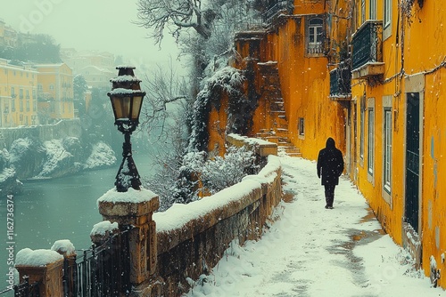 Wallpaper Mural Serene Winter Morning in Lisbon: A Quiet Stroll Along the Snowy Street Adorned with Warm-Colored Buildings and a Majestic Dragon Sculpture in the Distance Torontodigital.ca