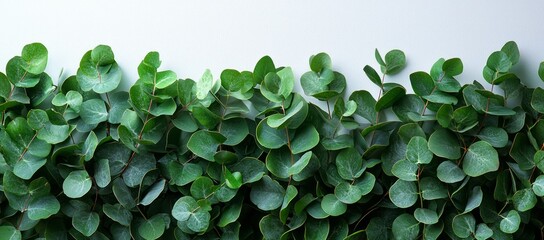 Lush green eucalyptus leaves border on white background.