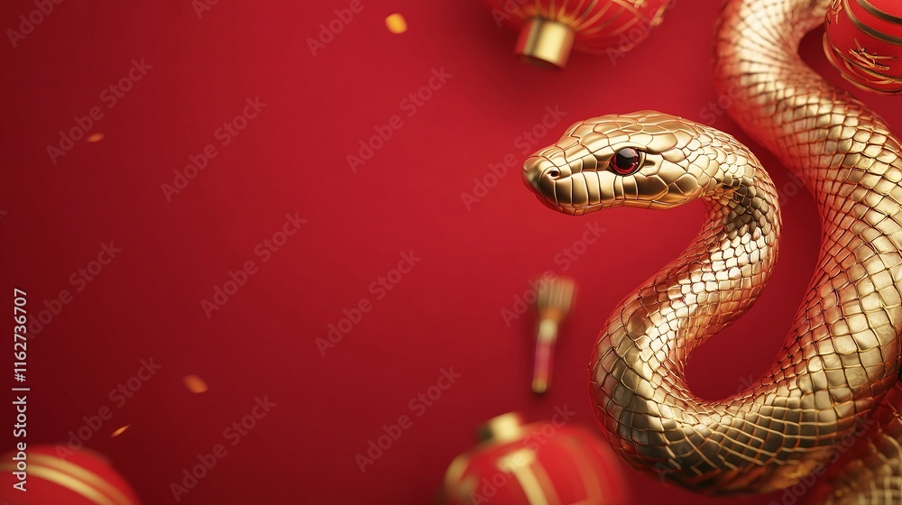 Fototapeta premium Chinese New Year poster featuring a golden snake and red decorations