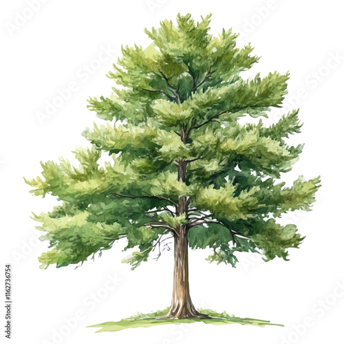 A watercolor of a bald cypress tree, isolated on a white background. Bald cypress tree vector.
