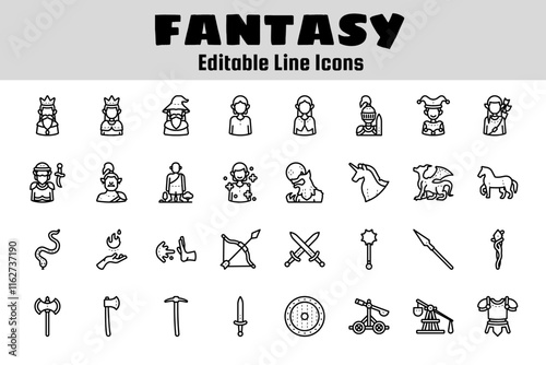 fantasy character and medieval weapon outline icon set