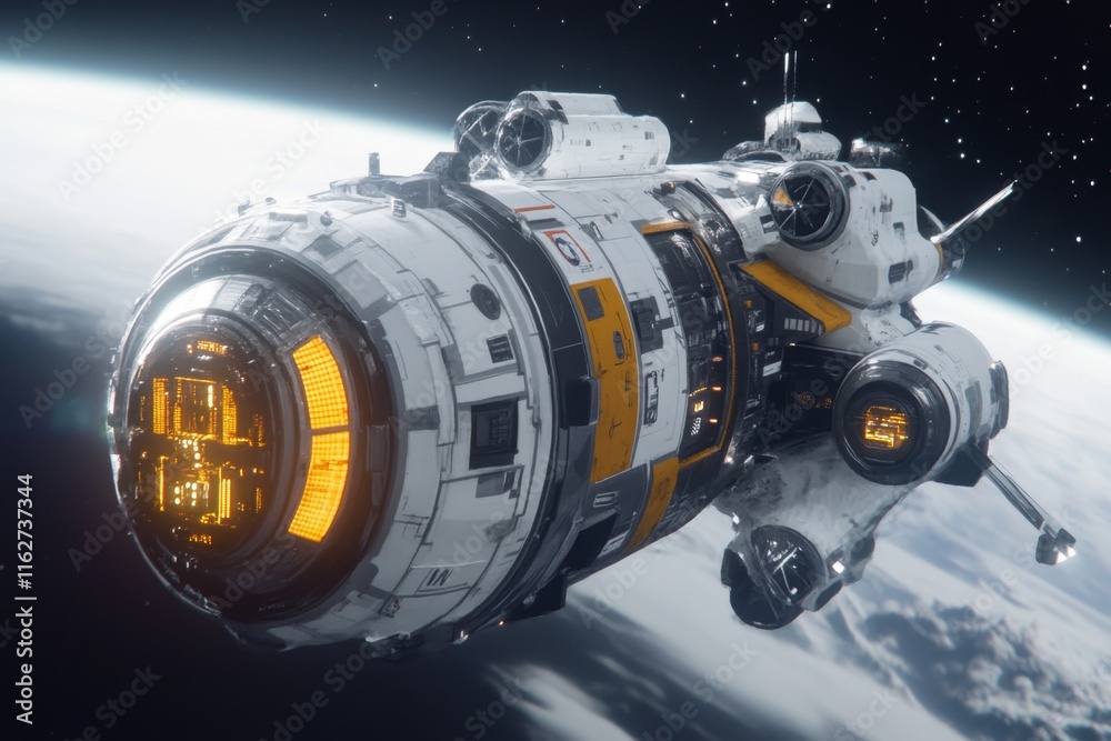 A futuristic space station floating alone in the darkness of space, surrounded by distant stars A futuristic space station floating alone in the darkness of space, surrounded by distant stars